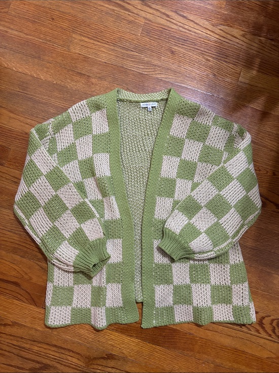 Woven Heart Sweaters - Woven Heart Green and Cream Checkerboard Open-Front Cardigan